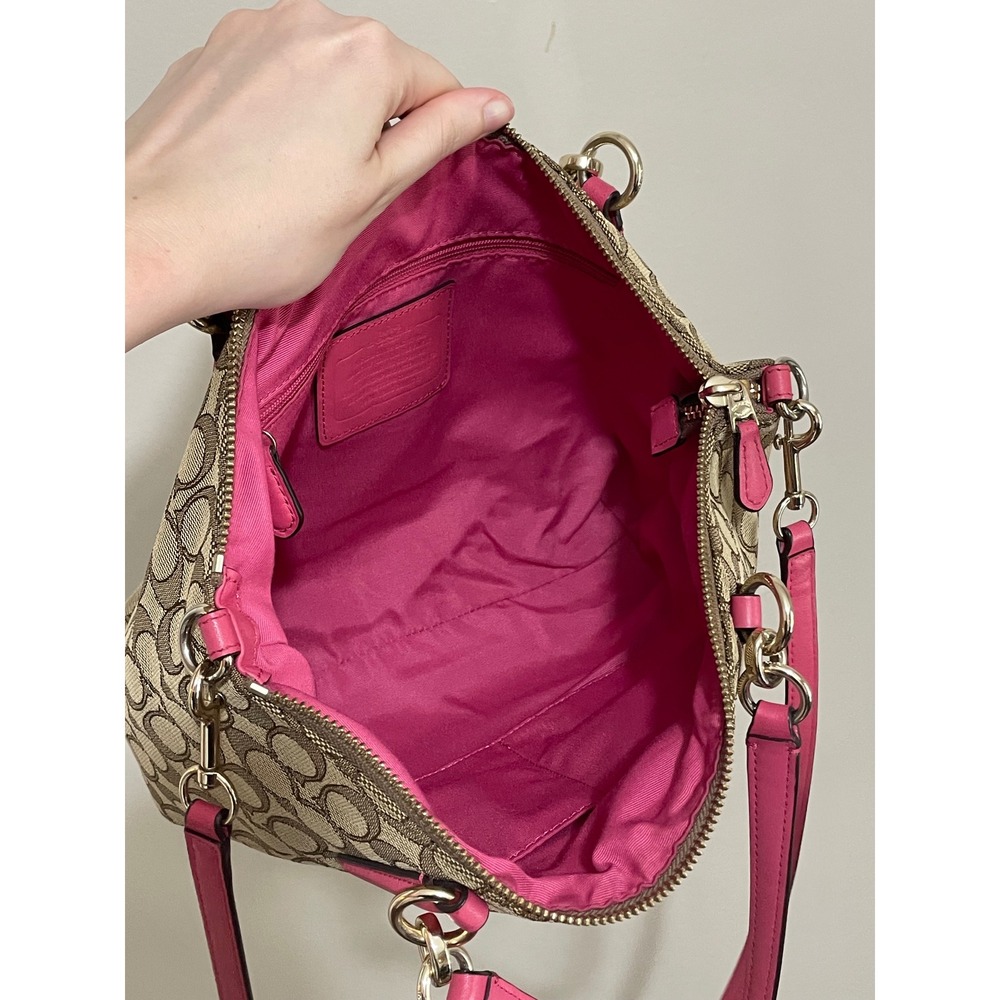 Coach Kelsey Signature Logo Canvas Leather F36625 Large Satchel Pink Khaki - Picture 12 of 14